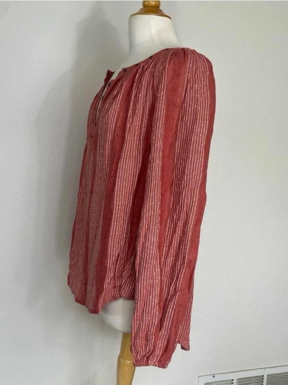 Free People Women Burnt Red Stripe Gauzy Peasant Oversize Blouse Size Large Boho